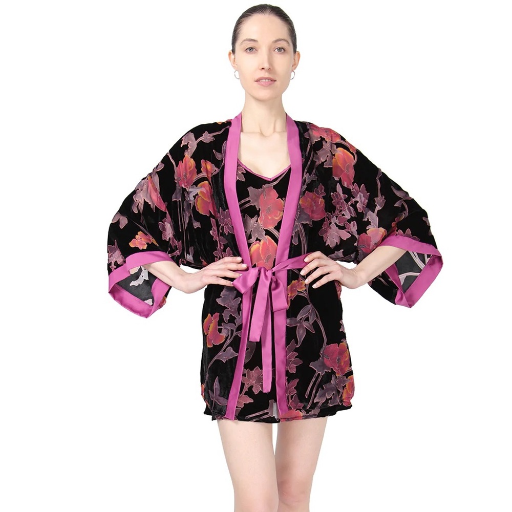 Memoi VELVET BURNOUT SATIN TRIM FLORAL KIMONO ROBE